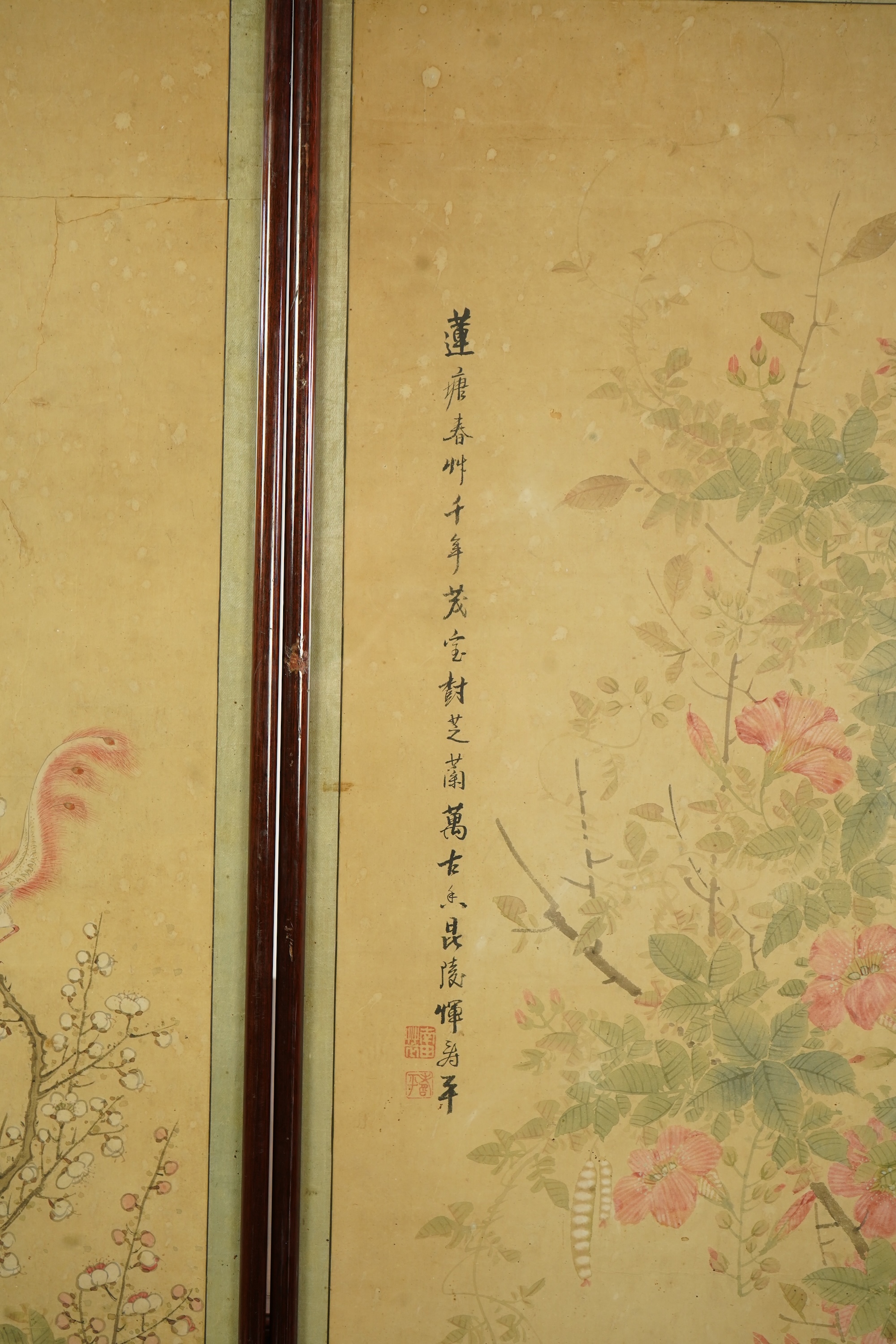 Chinese School , (18th/19th century), Phoenixes amid flowers, Ink and colour on paper; a pair